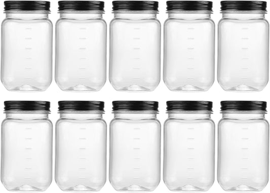 16 Ounce Clear Plastic Jars with Black Lids - Refillable round Clear Containers Clear Jars Storage Containers for Kitchen & Household Storage - BPA Free (10 Pack)